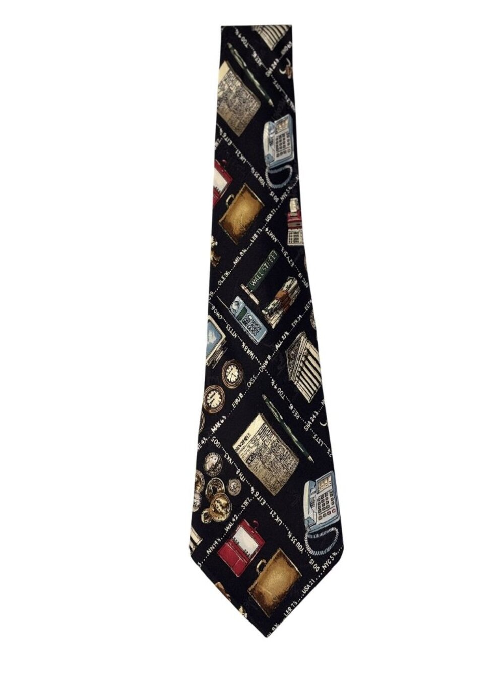 Black Nicole Miller 1996 Silk Tie Wall Street Themed Colorful Financial World